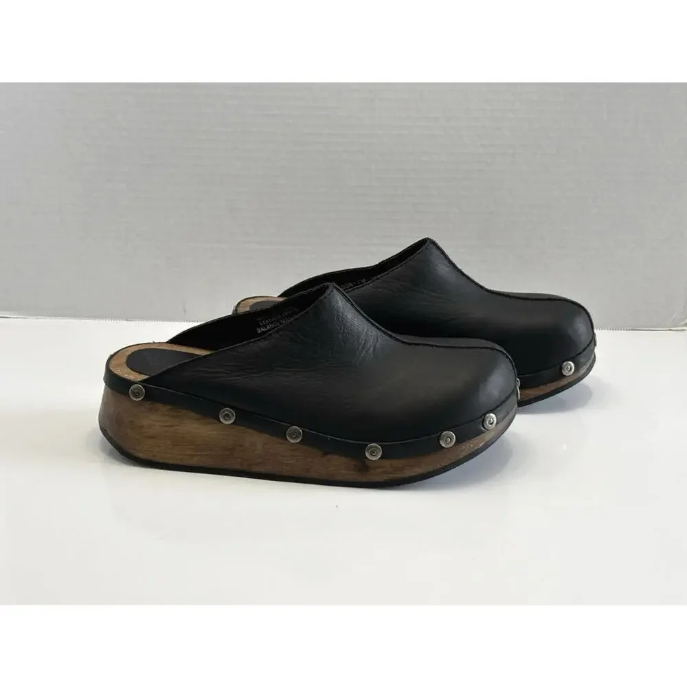 Rare Canyon River Blues Gordon Womens 7M Black Leather Wooden Sole Comfort Clogs - Picture 2 of 16